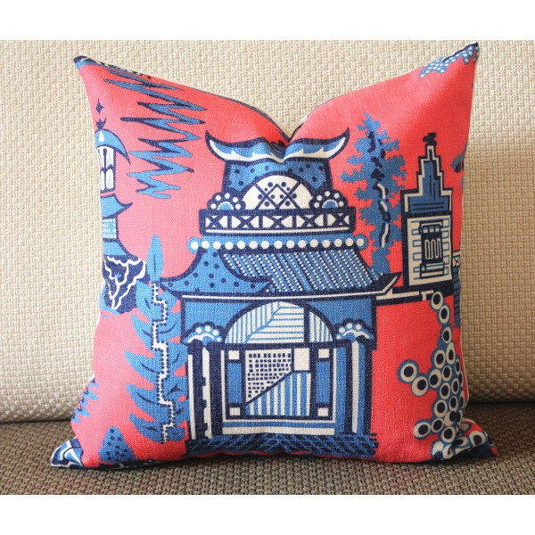 5 colors Designer cotton linen Pillow -chinese Nanjing in hot pink, blue, green, red pagoda Pattern, blue Pillow - Throw Pillow 314