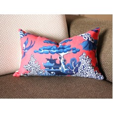 Designer cotton linen Pillow -Willow Pattern Chinoiserie Pillow Cover, hot pink blue Pillow - Throw Pillow 322